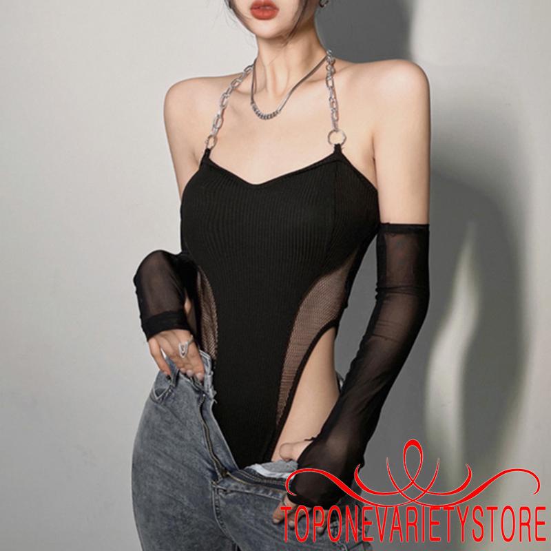Topone Áo Liền Quần Dài Tay Phối Lưới Thời Trang Cho Nữ