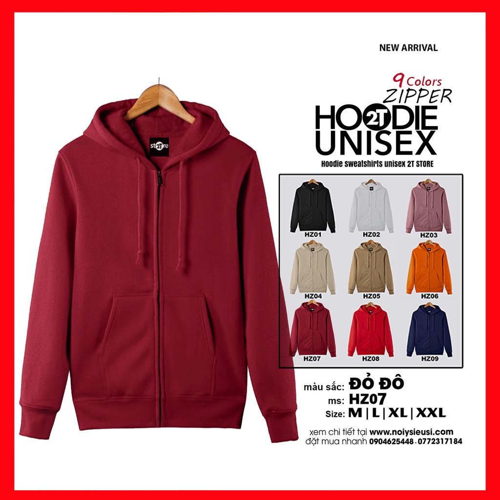 Áo hoodie zipper unisex 2T Store HZ07 màu đỏ đô - Áo khoác nỉ dây kéo nón 2 lớp dày dặn chất lượng đẹp | BigBuy360 - bigbuy360.vn