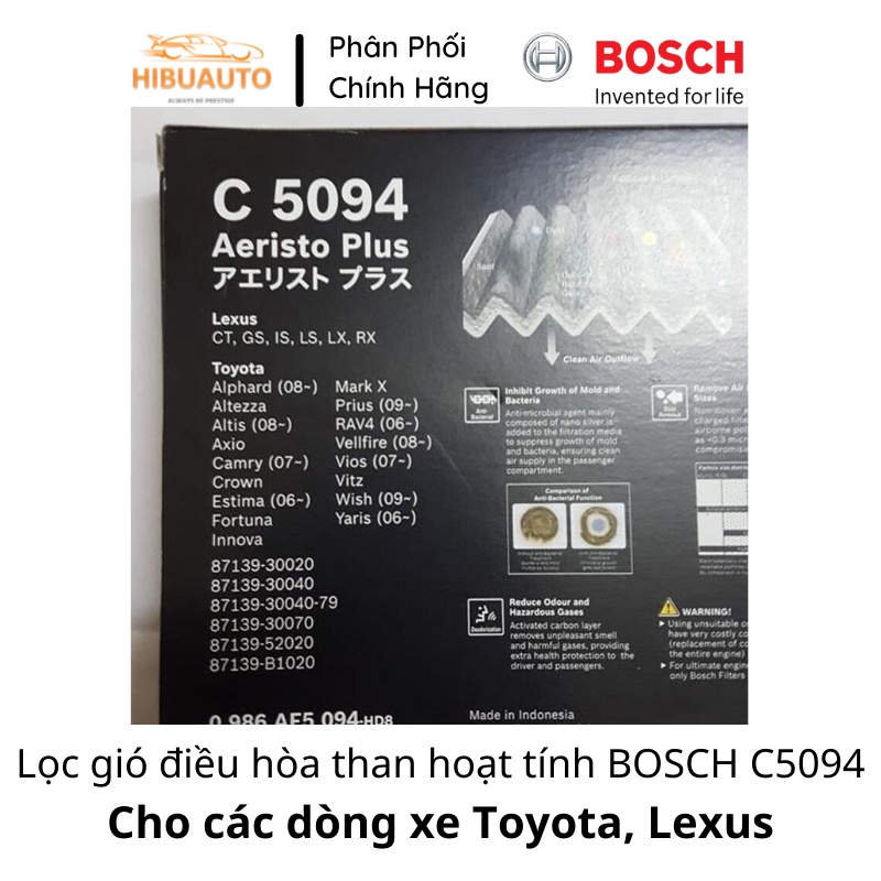 Lọc gió điều hòa BOSCH C5094 cho các dòng xe Toyota, Lexus - có lớp than hoạt tính
