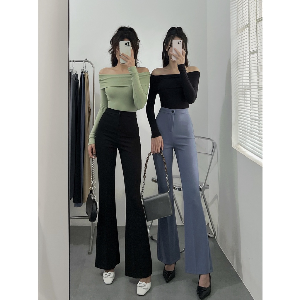 Áo croptop nữ tay dài HHVINTAGE kiểu bẹt vai gấp thun co giãn Top A36