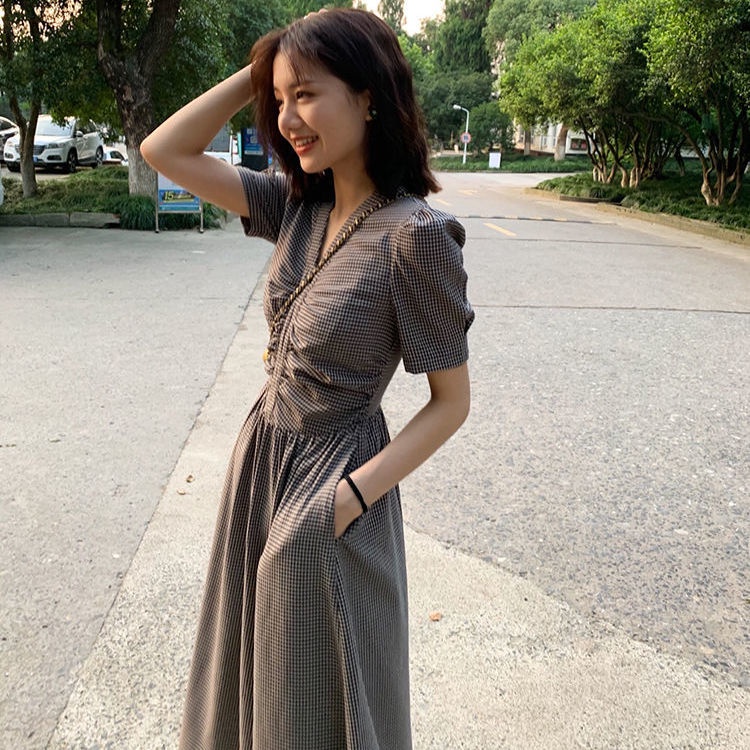 Đầm Tay Phồng Cổ Chữ V Thiết Kế Xếp Ly Phong Cách Retro Pháp Thời Trang Mùa Hè Cho Nữ