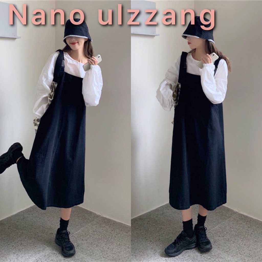 🔜 Set yếm kaki tay bồng dáng dài ❄️Bộ váy yếm đen tay rúm ulzang trending 2021_Nano Ulzzang