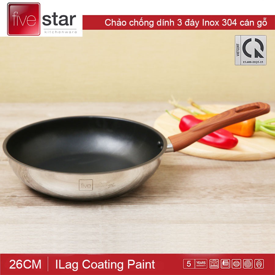 Chảo chống dính Inox 304 3 đáy cán gỗ Fivestar đường kính 26cm/ 28cm - Hàng chính hãng, bảo hành 5 năm