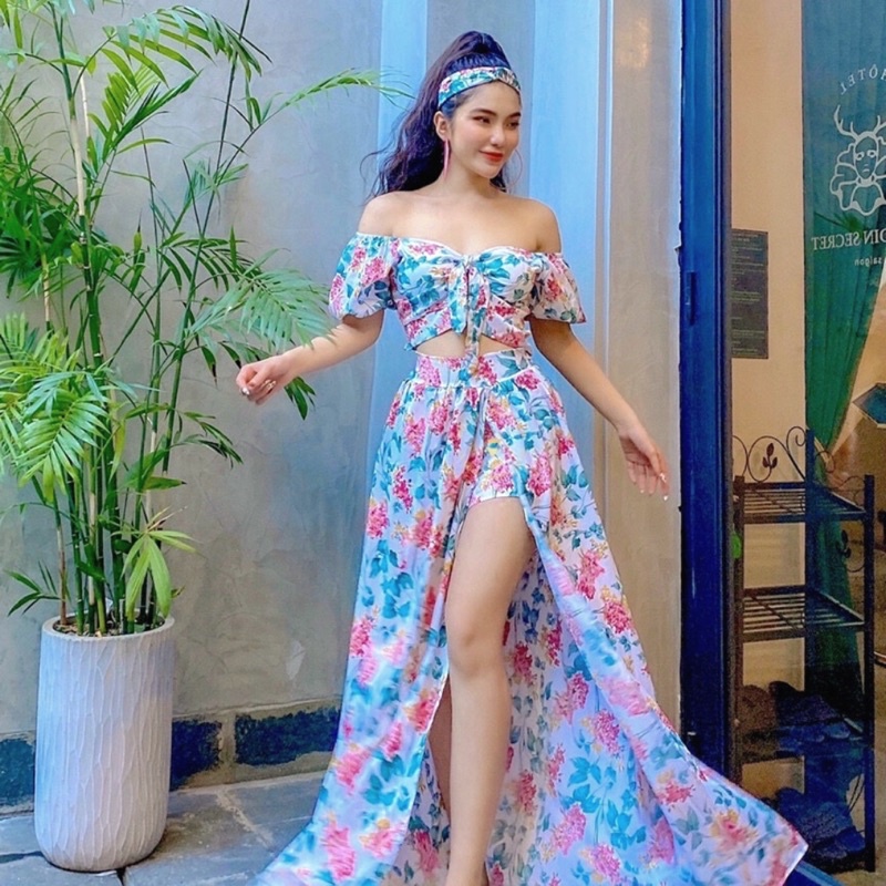 Đầm maxi đi biển trễ vai 2 mảnh kín đáo, Váy maxi đi biển nữ