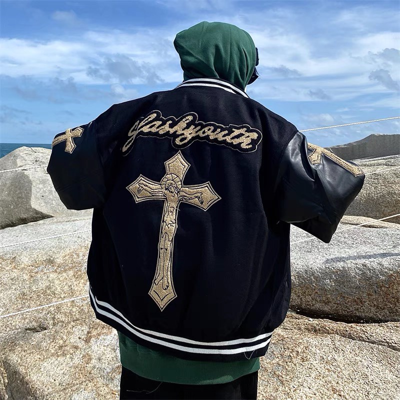 Áo bomber Miuzi unisex,áo bóng chày thêu hình thánh giá phối tay da DT048