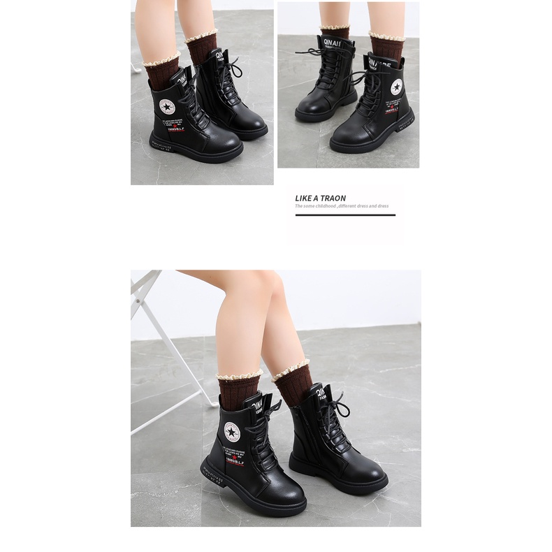 Giày trẻ em cổ cao da mềm êm chân bé trai bé gái sành điệu size 27-38 màu Đen Đỏ Bốt cho bé gái bé trai thời trang 2022