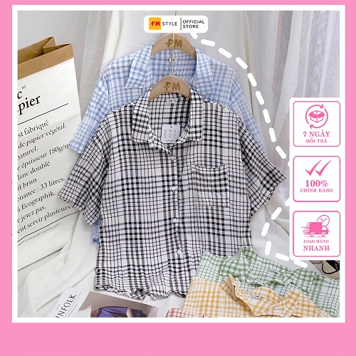 Áo sơ mi caro nữ FM Style tay ngắn form rộng chất Đũi xuất xịn phong cách ulzzang Hàn Quốc trẻ trung 21062417