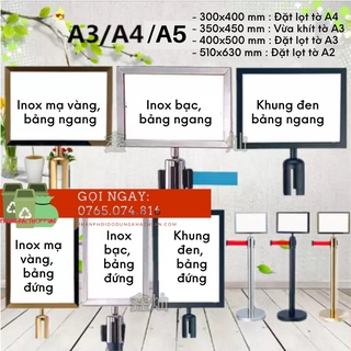 Bảng cắm cột chắn, Bảng thông báo cắm trên đầu cột chắn inox, Bảng menu gắn cột chắn inox khổ A4, A5, A3