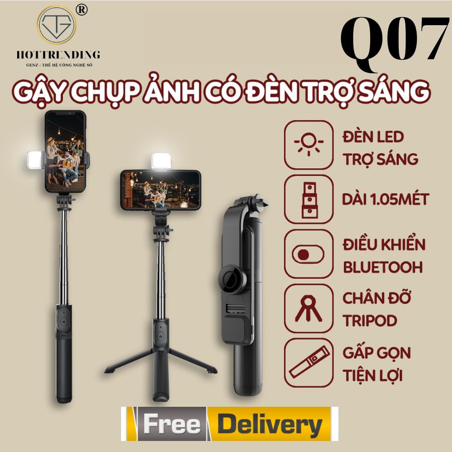 Gậy chụp ảnh tự sướng bluetooth Q07 có đèn LED trợ sáng tích hợp live steam chân đế tripod 3 chức năng