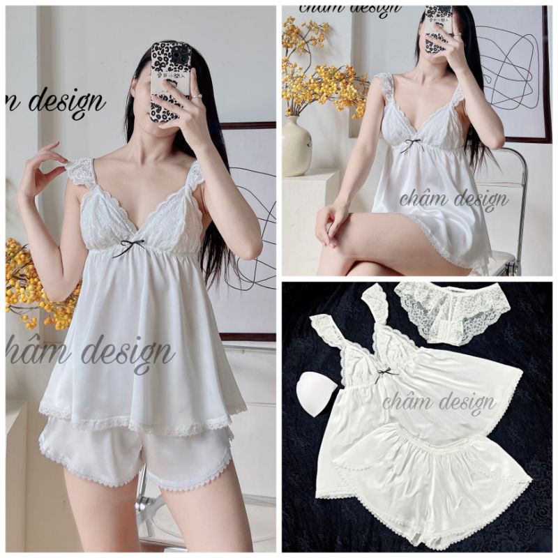 Bộ 2 dây lụa satin trắng tay ren gắn nơ đen nhỏ, quần xẻ sexy. Hàng thiết kế độc quyền tại shop