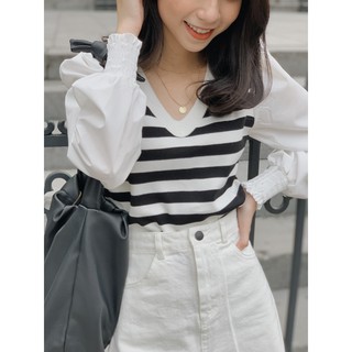 Áo thân pha len kẻ cổ tim SA392 1994closet