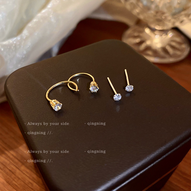 DREJEW Khuyên tai bạc đính đá zircon hình học đơn giản phong cách Hàn Quốc thời trang độc đáo cho nữ