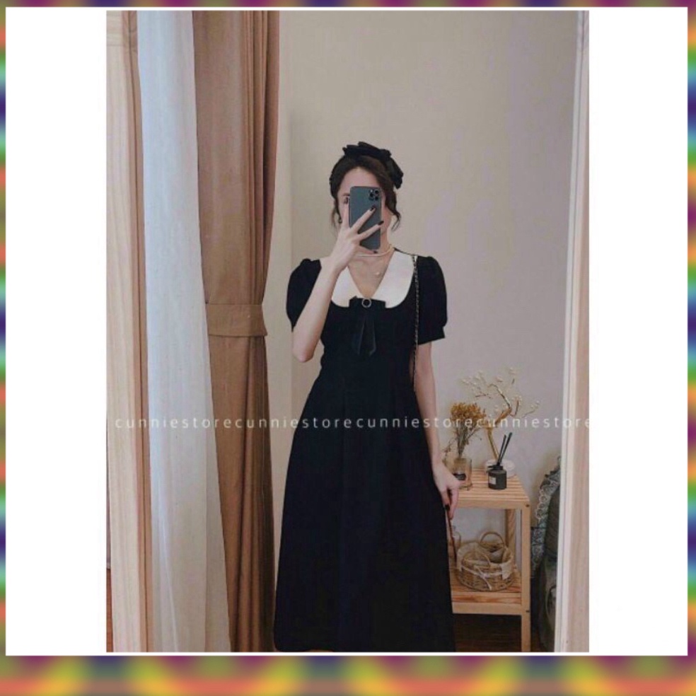 Set Váy Xinh Dạ Hội Đi Học | Váy Đen Cổ Bèo Trắng - Đầm Nữ Đẹp Cổ Sen Tay Bồng Maxi Dáng Chữ A