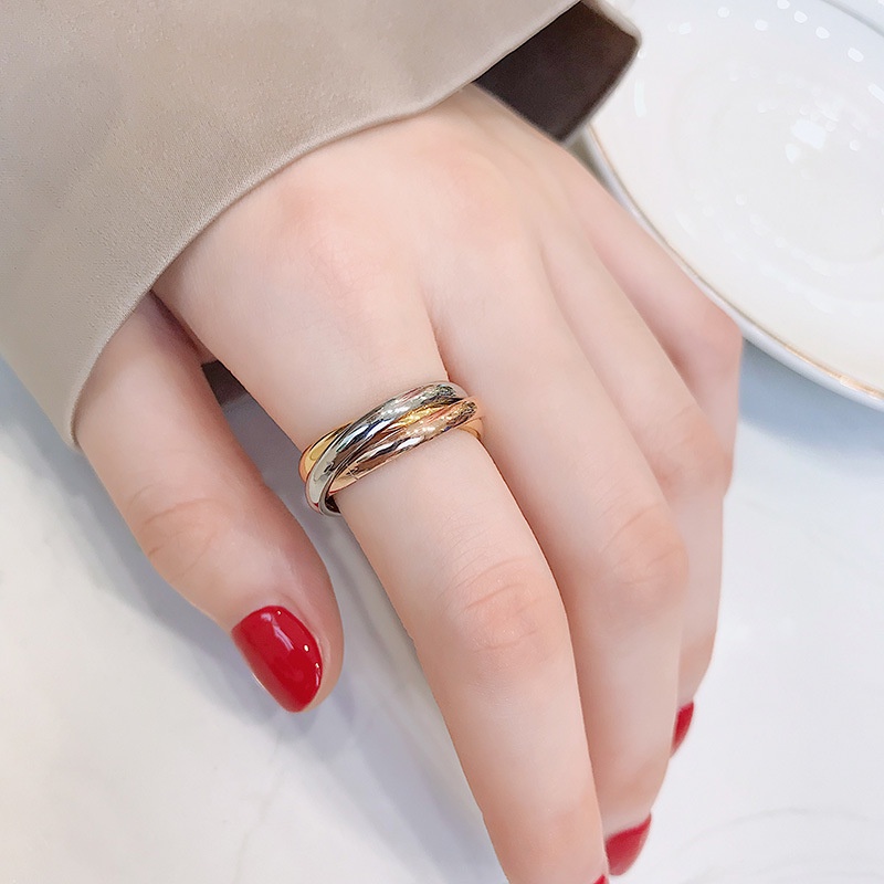 Nhẫn Ba Vòng Bằng Thép Không Gỉ Mạ Vàng 18K Thiết Kế Tinh Tế Thời Trang Cao Cấp Dễ Phối Đồ Dành Cho Nữ