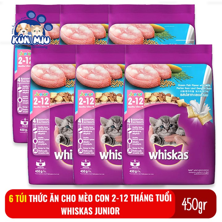 COMBO 6 túi Thức ăn cho mèo con từ 2-12 tháng tuổi Whiskas Junior 450g