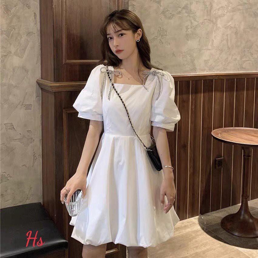 Váy Nơ Vai Tay Bồng Cổ Vuông Chất Đũi Mát Phong Cách Tiểu Thư Nữ Tính Có Ảnh Thật Và Video M.Store