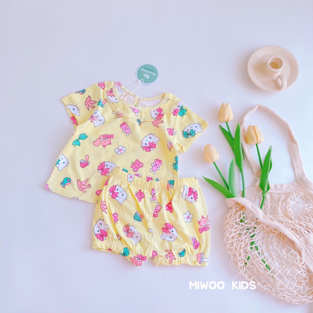 Bộ cộc tay Miwoo cổ bèo hoạ tiết dễ thương cho bé đi chơi, đi học