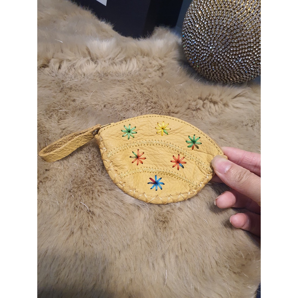 Ví đựng tiền mini da thêu hoa vintage handmade 10cm