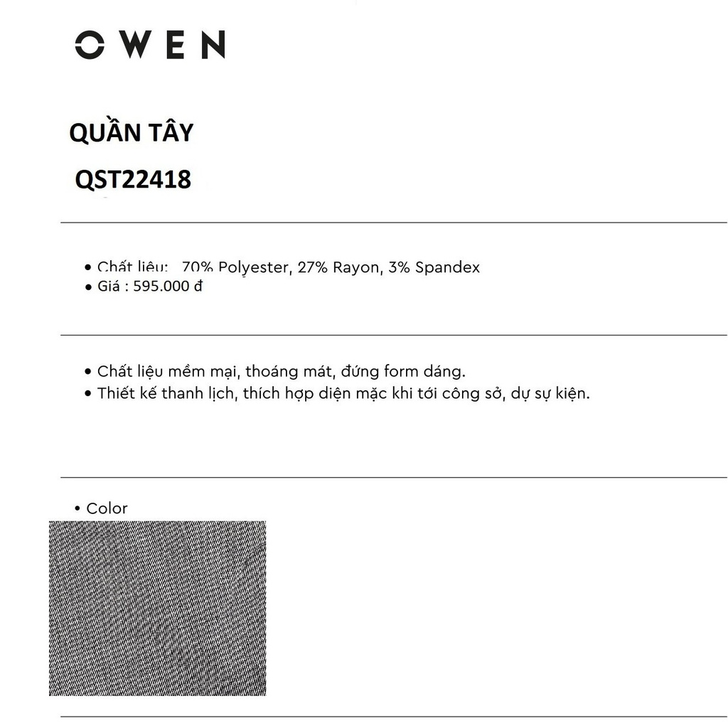 Quần Tây Nam Owen QST22418 Quần Âu Nam Dáng Slim Fit Cạp Tăng Đơ Màu Ghi Sáng Dệt Xước