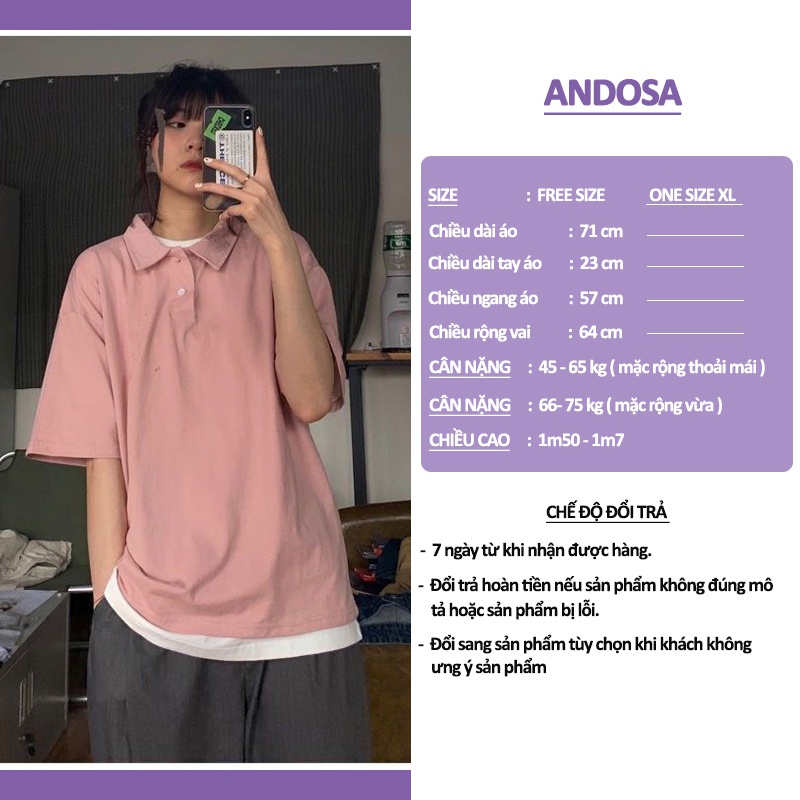 Áo thun polo nữ trơn basic unisex form rộng tay lỡ đẹp hàng Quảng Châu ANDOSA PL07