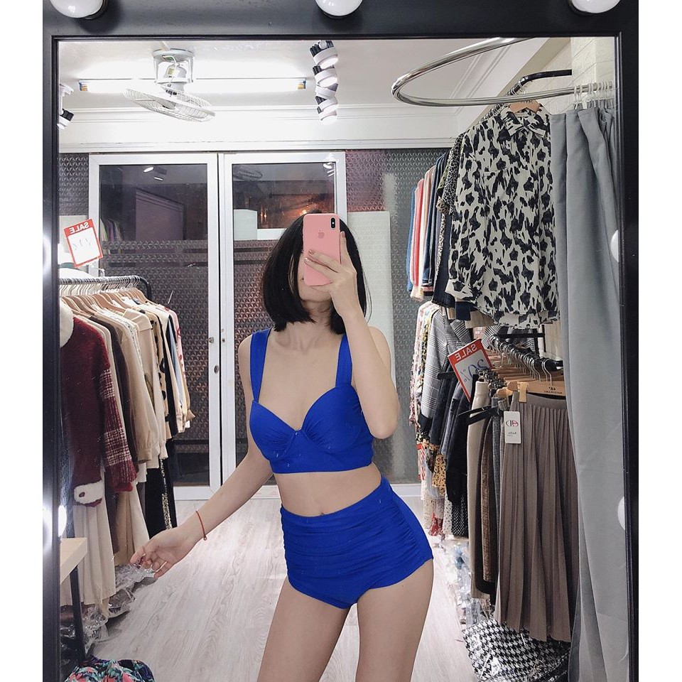 Bikini 2 mảnh cúp ngực bản to trơn nhiều màu đan dây lưng, set bộ bơi tắm biển dây vai to Bikini191