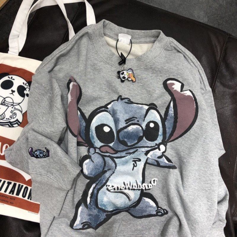 Áo Sweater Nỉ Chuột STITCH 🦋 Áo Thun Nam Nữ Dài Tay Dáng Rộng In Hình 3 Màu 🦋