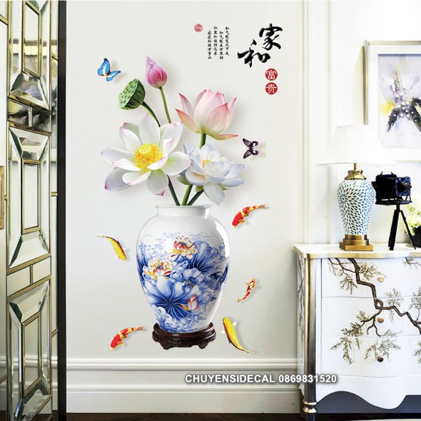 Decal dán tường - Chậu Sen Trắng 3D quý phái