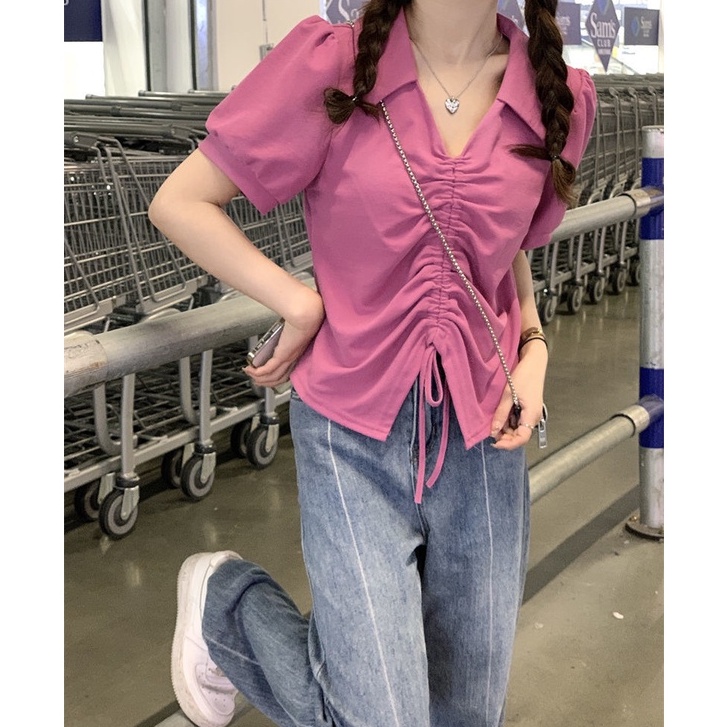 Áo Thun Tay Phồng Ngắn Cổ Chữ V Dáng Rộng Phối Dây Rút Thời Trang Mùa Hè Cho Nữ