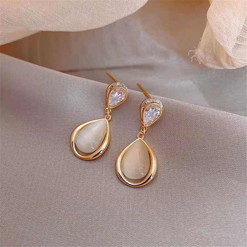 Khuyên Tai Giọt Nước Đính Đá Opal Cổ Điển Dễ Thương