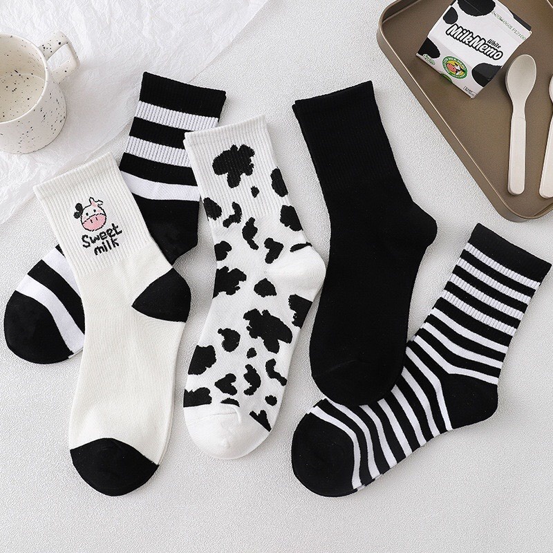 Tất cổ cao họa tiết bò sữa cho nữ đáng yêu dễ thương phong cách vintage Hàn Quốc thời trang giá rẻ ABICA TD033