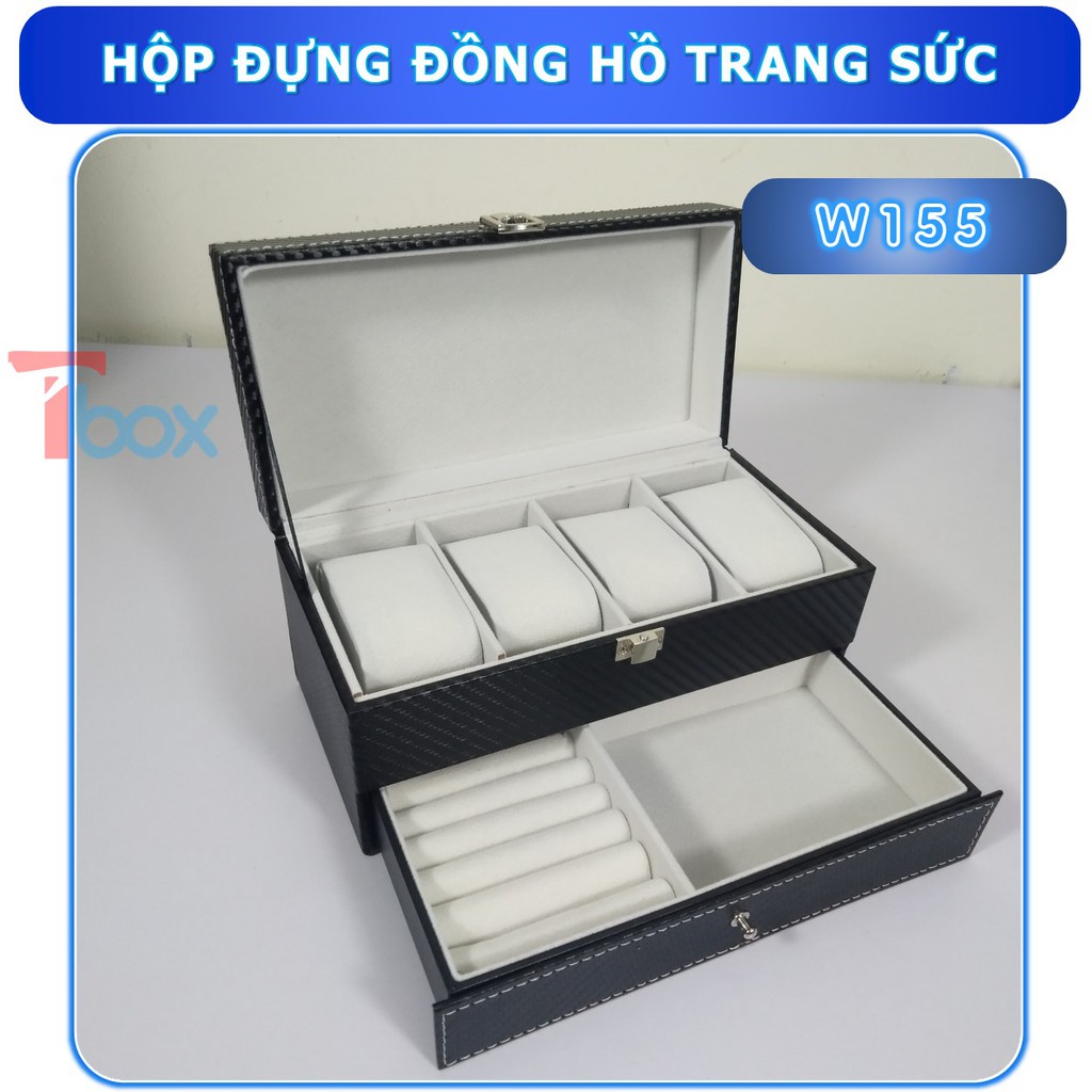 Hộp đựng đồng hồ,hộp trưng bày 4 đồng hồ và trang sức 2 tầng bằng da vân cacbon sang trọng