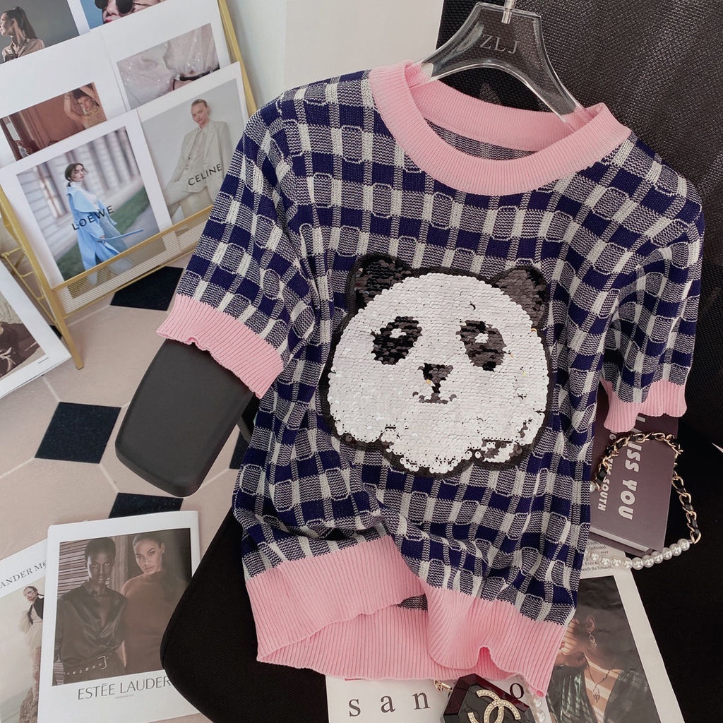 AMOI Áo Thun Tay Ngắn Họa Tiết Sọc Caro Đính Kim Sa Xinh Xắn Cho Nữ