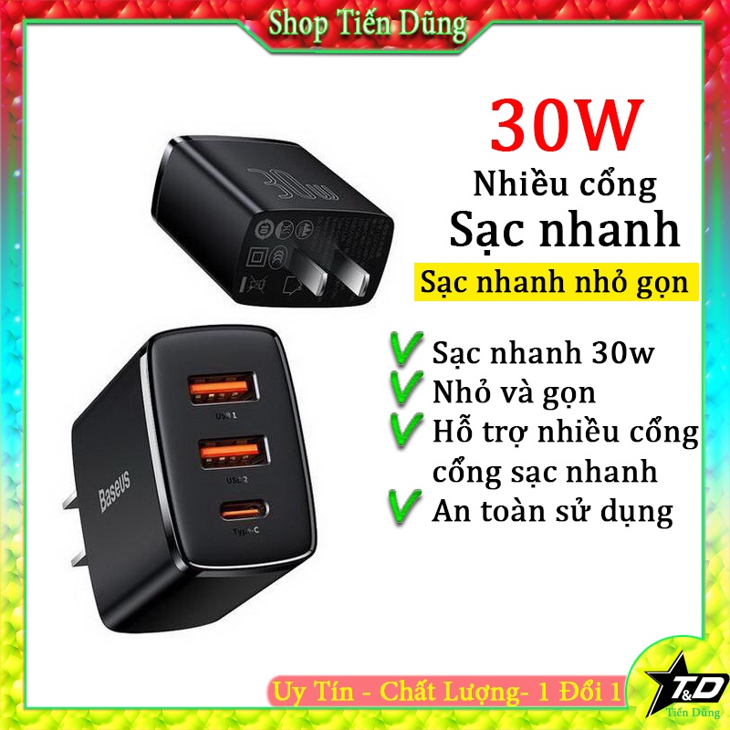 Củ Sạc 30W Baseus Compact Quick Charger Tích Hợp 3 Cổng 1 Type C và 2 USB, Kích Thước mini Dùng Cho iPad Pro Chính Hãng