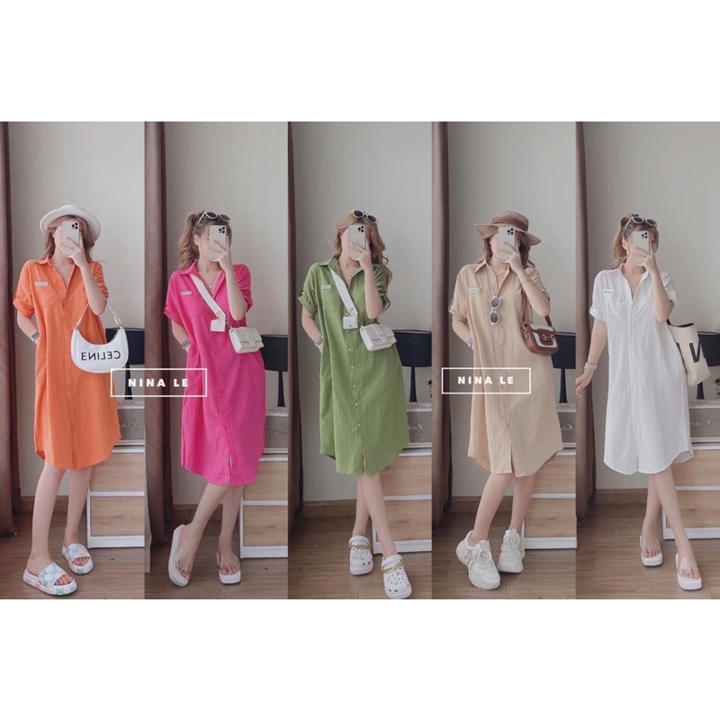 Đầm sơ mi hoạ tiết mickey sau lưng dáng suông siêu xinh