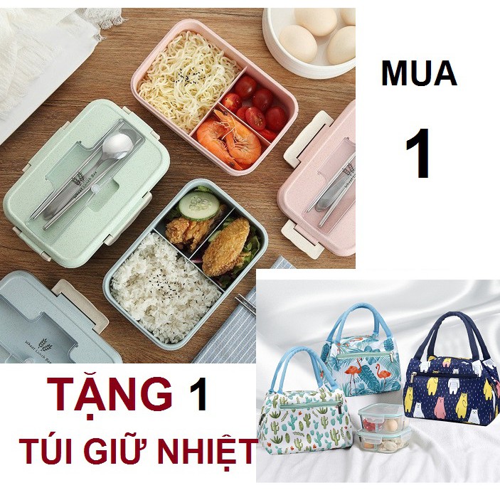 HỘP CƠM LÚA MẠCH 3 ngăn kèm thìa đũa inox TẶNG 1 túi giữ nhiệt lót bạc cao cấp