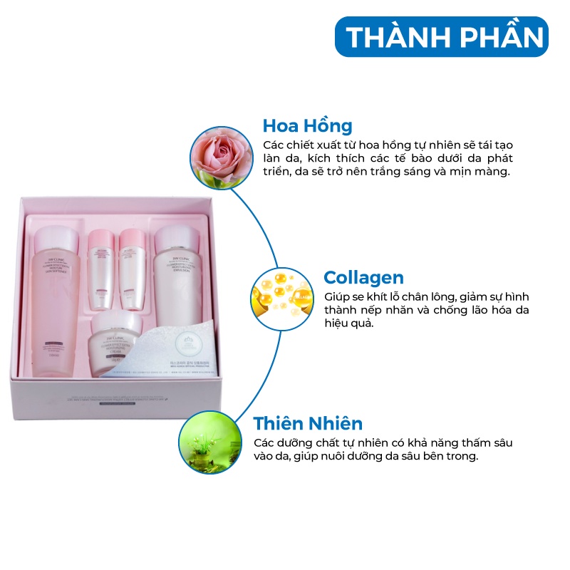 Bộ Trắng Da - Bộ Aưỡng Ẩm chiết xuất từ Hoa Hồng 3W Clinic 5 in1 Hàn Quốc [Nước Hoa Hồng+Kem+Sữa Dưỡng]