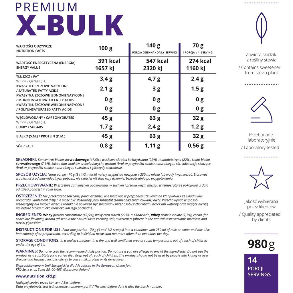[GIÁ TỐT NHẤT] TPBS Tăng Cân Tăng Cơ KFD Premium X-Bulk Mass 980g