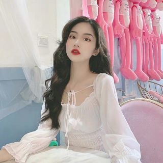 (SẴN) Áo cổ vuông buộc dây chun eo
