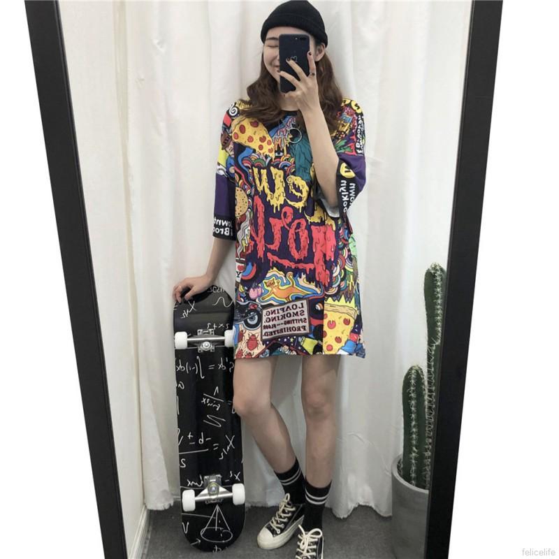 Áo thun dáng rộng cổ tròn hoạ tiết Graffiti phong cách Harajuku