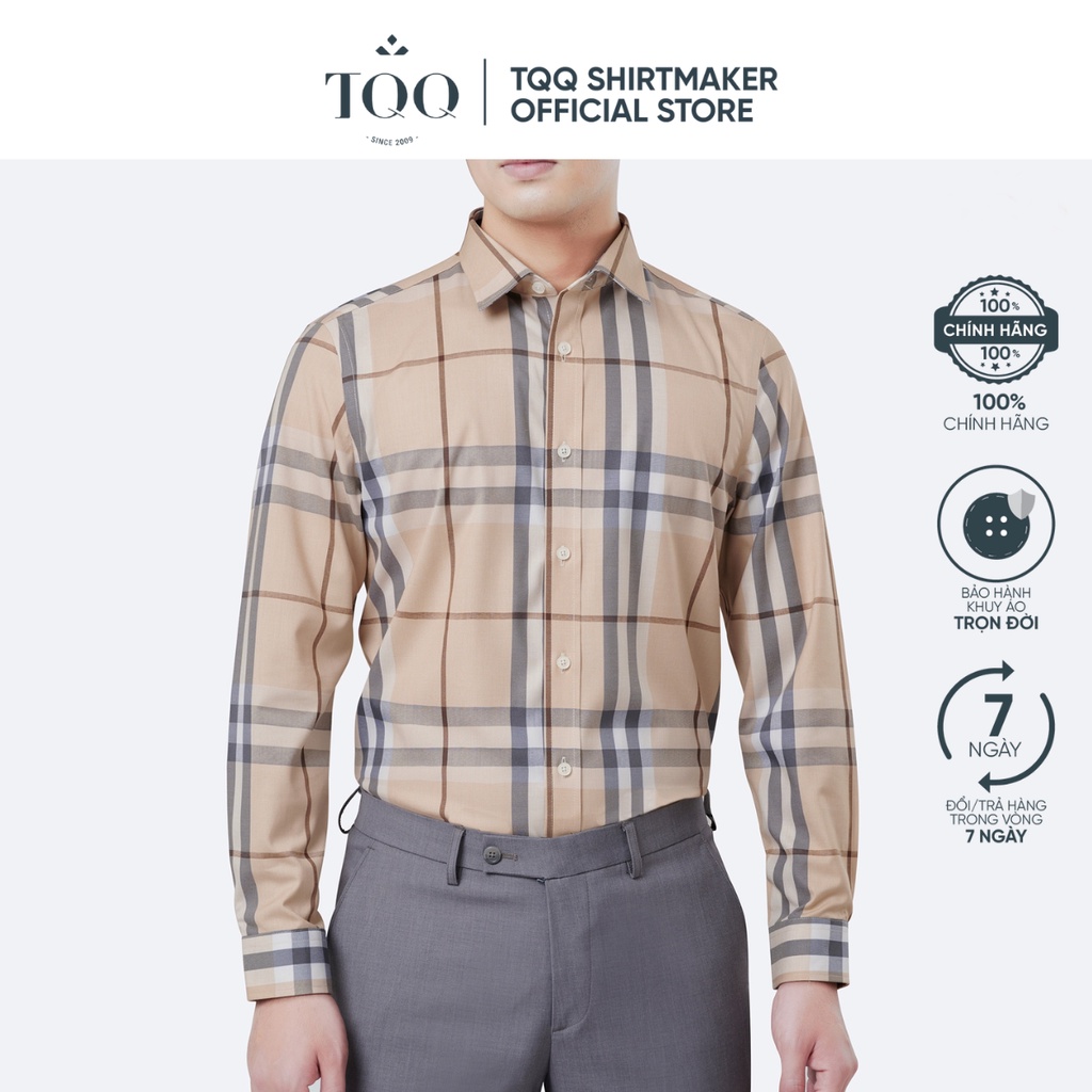 Áo sơ mi nam dài tay TQQ dáng Slim fit công sở ôm nhẹ K461CS màu vàng vạt tôm kẻ ghi hiện đại