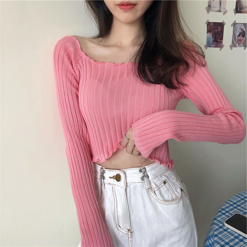 Áo croptop dài tay ulzzang ôm body trễ vai chất len tăm Hàn Quốc C64 - Maoshop