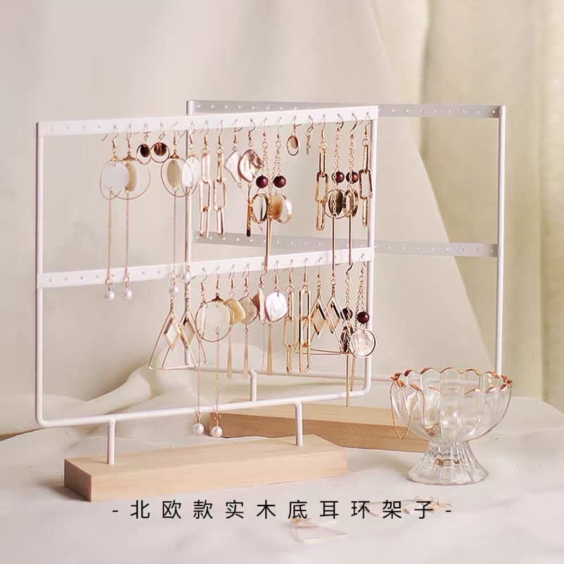 Kệ treo bông tai móc treo đồ trang sức bằng gỗ sắt rèn đồ trang sức vòng cổ hoa tai giá kệ trưng bày 24 lỗ đen và trắng