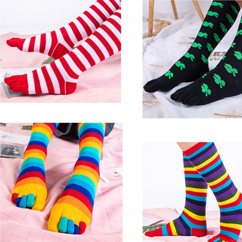 Tất Tách Ngón 5 Ngón Bằng Cotton Thoáng Khí In Họa Tiết Sọc Cầu Vồng Cho Nữ