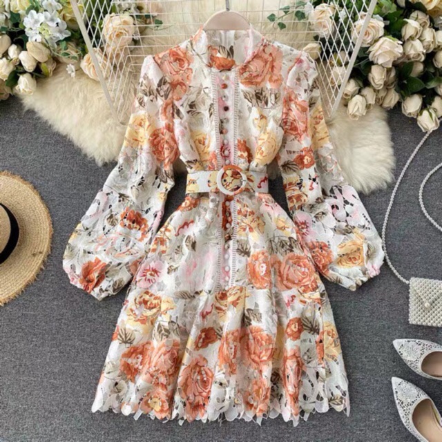 Đầm tiểu thư hoa ngắn tay dài phối belt hoa