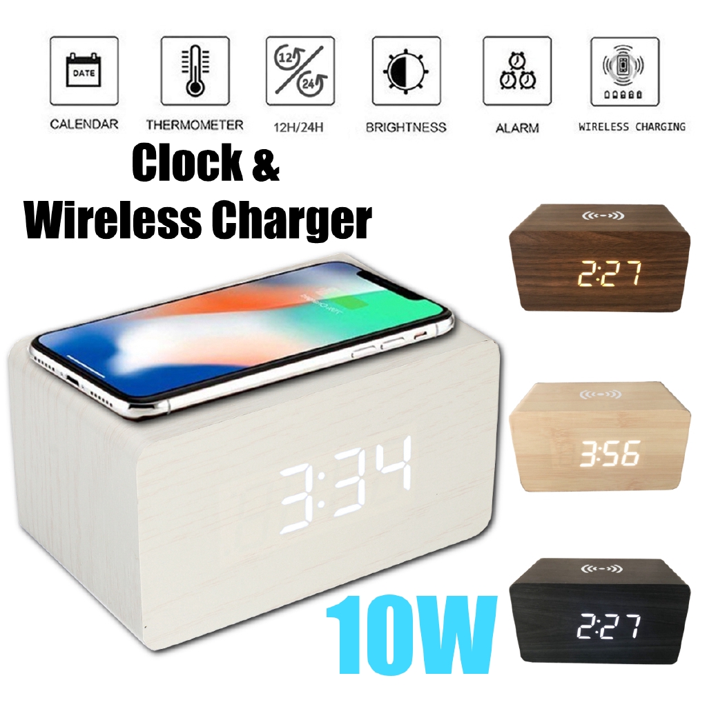 *Ready Stock* 10W Qi Alarm Wireless Charger Clock Digital LED Desk Thermometer For iPhone 11/X