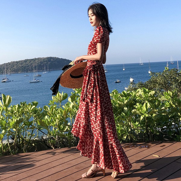 Đầm Maxi chất Chiffon tay ngắn hoạ tiết in thiết kế đáng yêu cho phái nữ | BigBuy360 - bigbuy360.vn