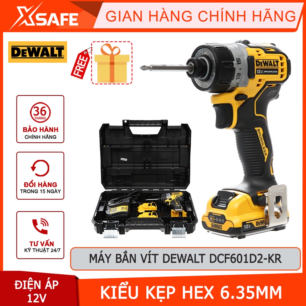 Máy vặn vít cầm tay DEWALT DCF601D2-KR hiệu thế pin 12V, động cơ không chổi than bền bỉ, kiểu kẹp HEX 6.35mm