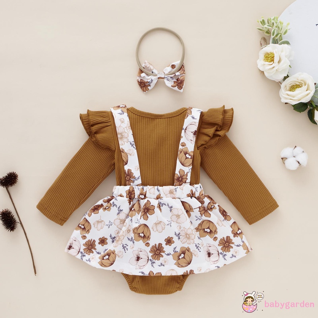 Set Áo liền quần cổ tròn tay dài in hoa và Băng đô thời trang mùa hè dành cho bé gái 0-24 tháng tuổi