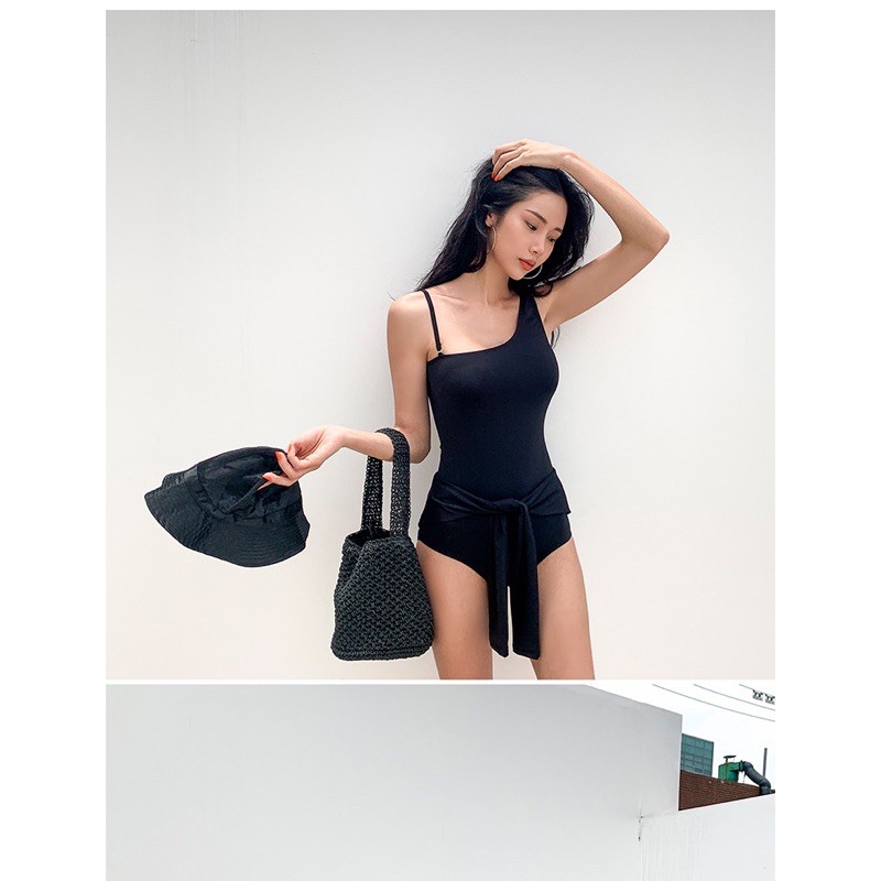 [BKN951] <HÀN> BODYSUIT LỆCH VAI ĐEN KÈM ÁO DÀI TAY CROPTOP | BigBuy360 - bigbuy360.vn