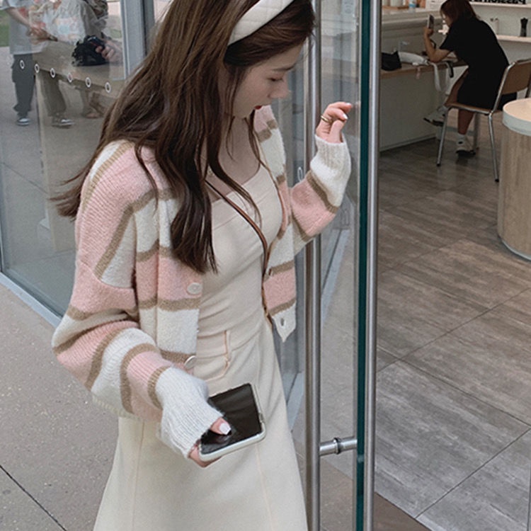 Áo cardigan Dệt Kim Kẻ Sọc Tay Dài Phong Cách Hàn Quốc Thời Trang Mùa Hè Cho Nữ